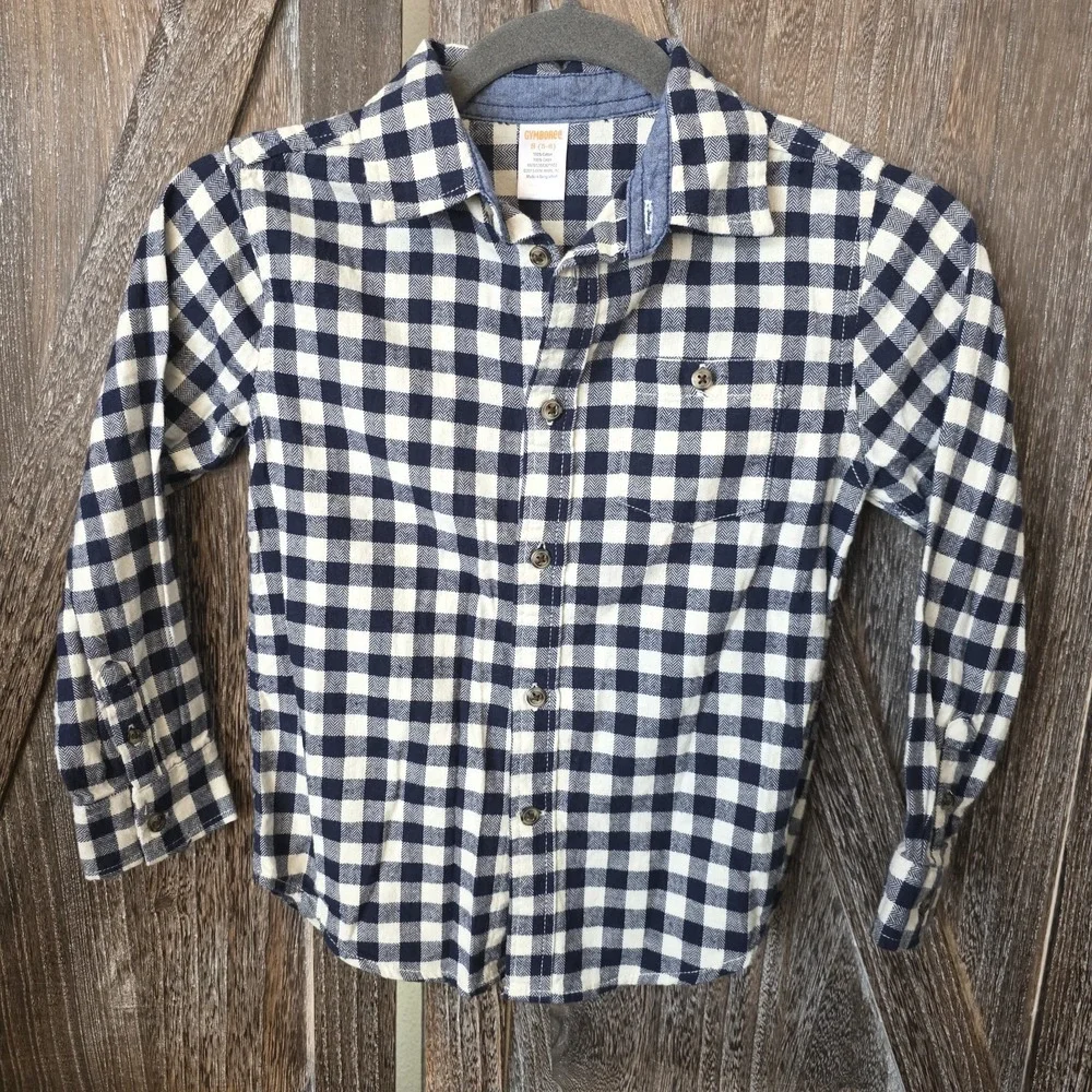 Gymboree Shirts Boy's Size Small (5-6) Navy White‎ Check Plaid Flannel Lot of 2